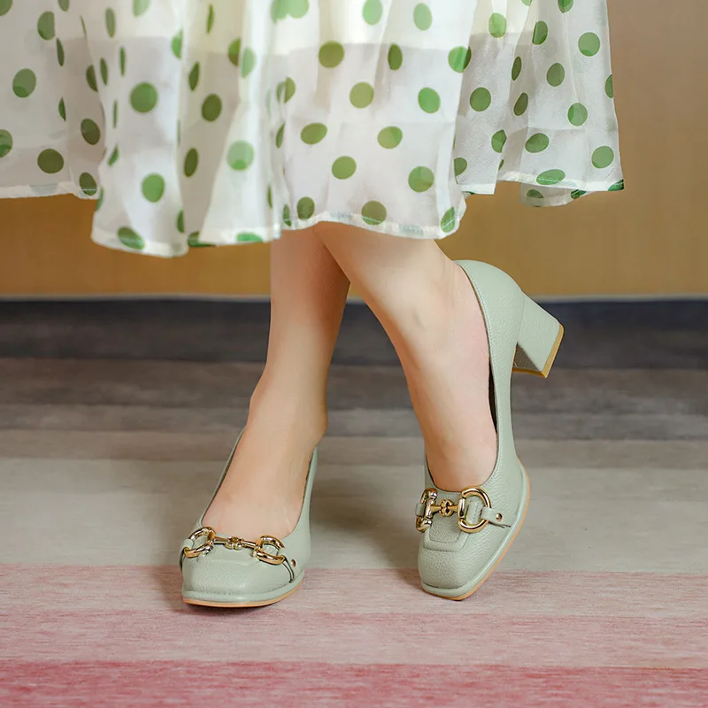 2023 Spring and Autumn New Women's Shoes Retro Square Toe High Heels Horsebit French Mary Jane Casual Professional Shoes