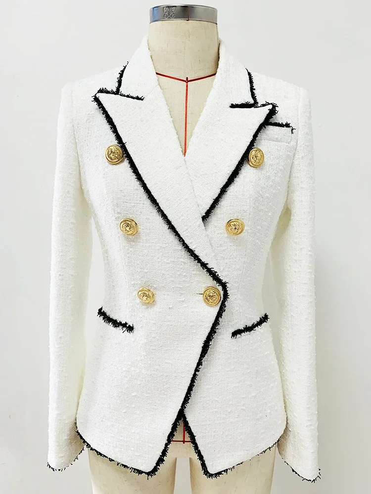 HIGH STREET Newest Fashion 2023 Designer Jacket Women's Slim Fitting Lion Buttons Contrast Color Fringed Tweed Blazer