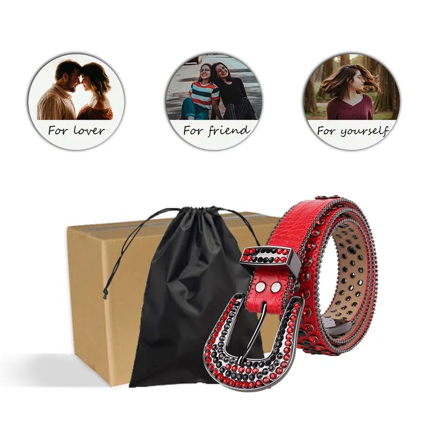Genuine Leather Red Rhinestone Belt Luxury Designer Cowboy Bling Dimond Studded Belts For Woman Man Cinturones Para Hombre | Аксессуары