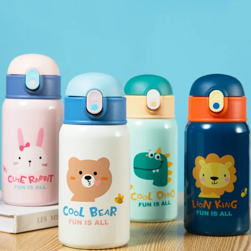 

400ml Kids Stainless Steel Straw Thermos Mug With Case Cartoon Leak-Proof Vacuum Flask Children Thermal Water Bottle Thermocup