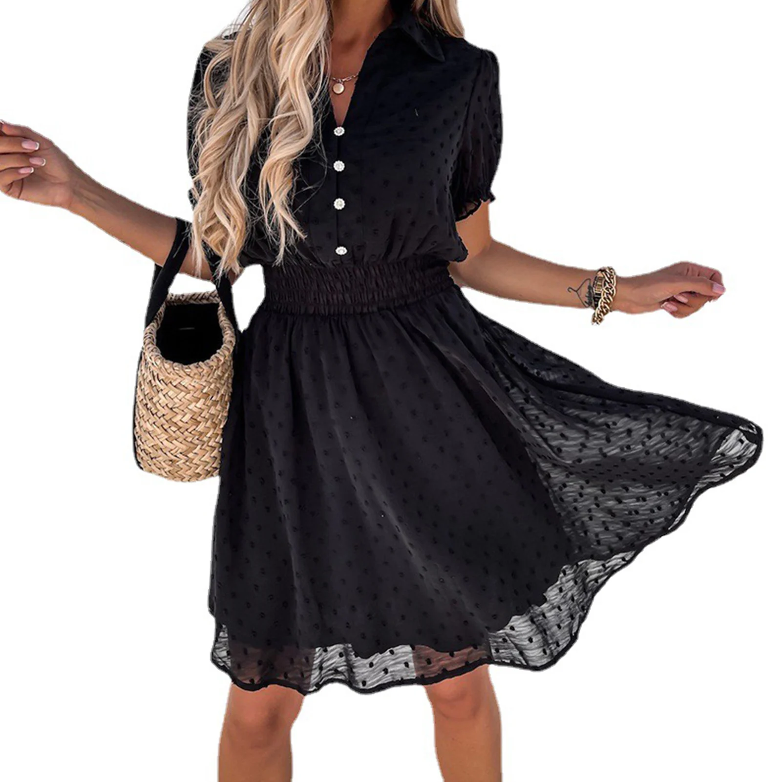 

Summer Polyester Elastic Waist Soft Breathable Gift A Line Party Black Lightweight Short Sleeves V Neck Swiss Dots Women Dress