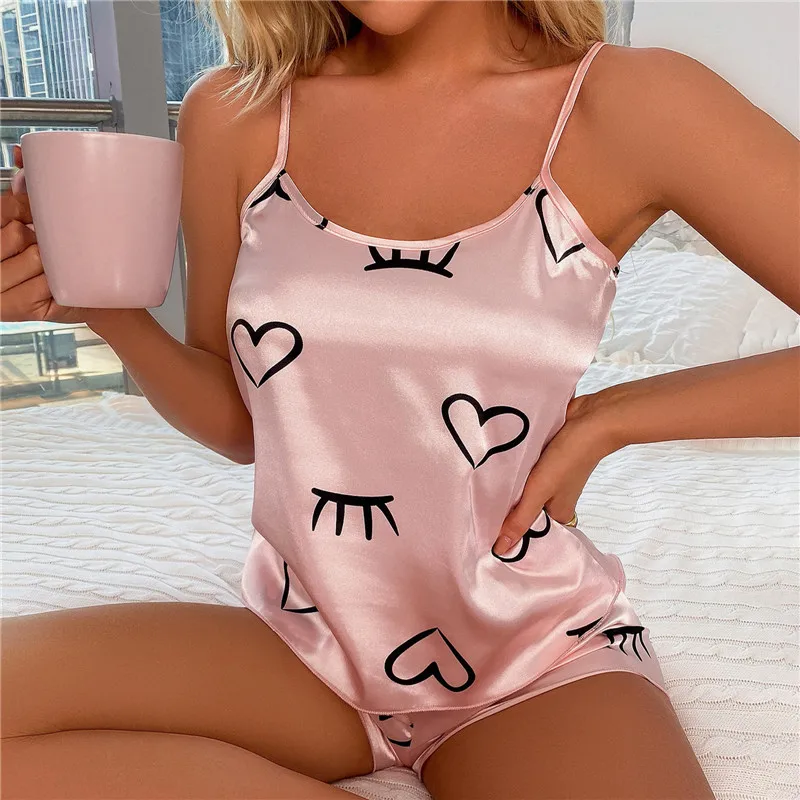 Sexy Heart Print Pajama Set Women'S 2 Pieces Sleepwear Pyjamas Silk Satin Cami Top And Shorts Pajamas Summer Pajamas Set