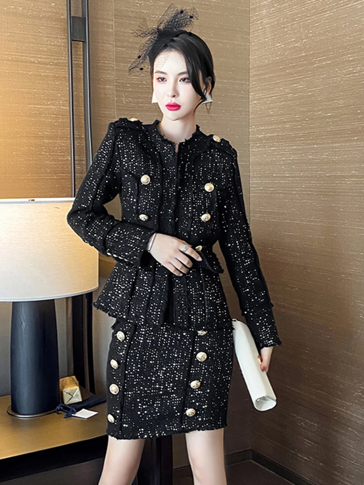 

Chic Women 2 Pieces Outfits Elegant Woolen Tweed Sparkly Sequin O-Neck Coat Jacket Outwear Mini Skirt Lady Femme Mujer Slim Sets