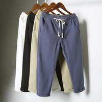 summer cotton linen pants men casual elastic waist vintage harem trousers thin linen harem pants white black blue