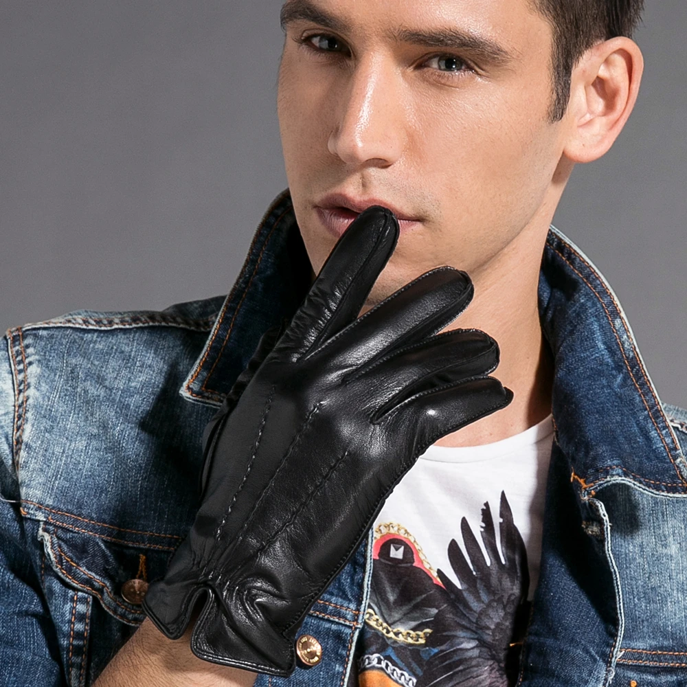 GOURS Winter Real Leather Gloves Men Black Genuine Goatskin Gloves Fleece Lining Warm Soft Driving Fashion New Arrival GSM019