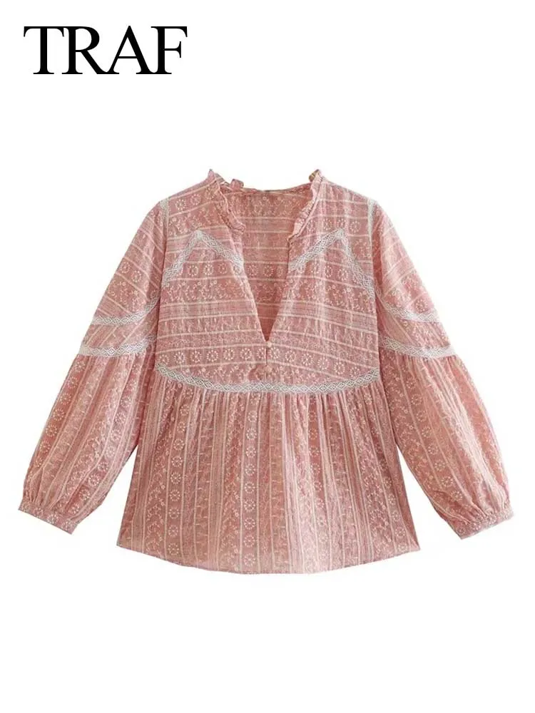 

TRAF New Pink Floral Lace Embroidered Pleated Blouse Solid Color Casual Comfortable Round Neck Button Long Sleeve Lady Top