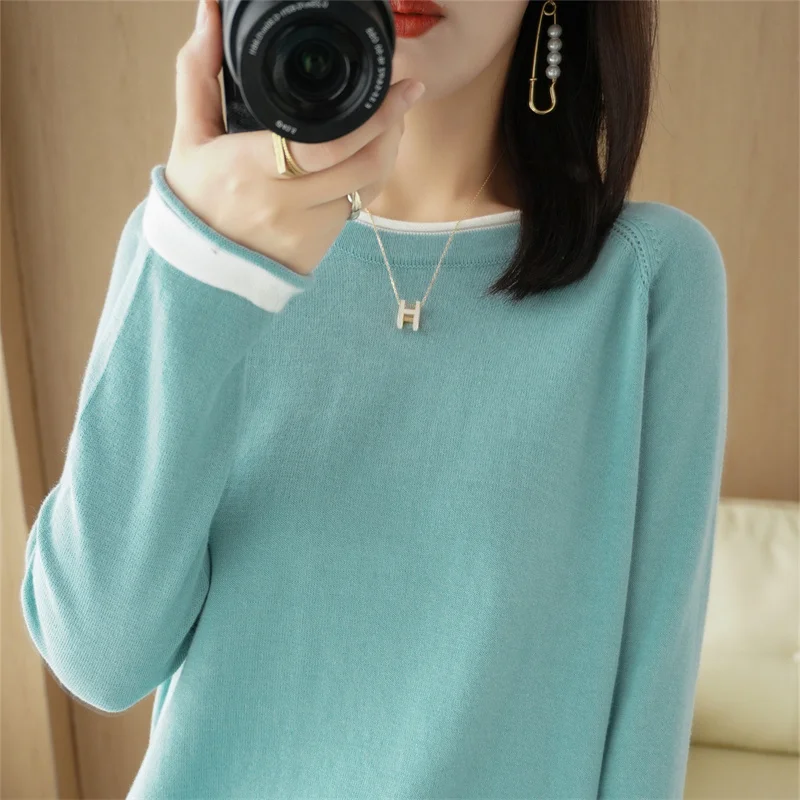 

Spring And Autumn New Ladies Hollow Crew Neck Colorblock Knit 100% Cotton Casual Fashion Elegant Korean Loose Delicate Pullover