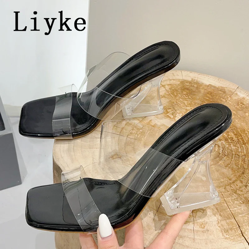 

Liyke Women Transparent Strange High Heels Sexy Slippers Sandals Fashion Peep Toe Mules Lady Pumps Slides Clear Shoes Size 35-40