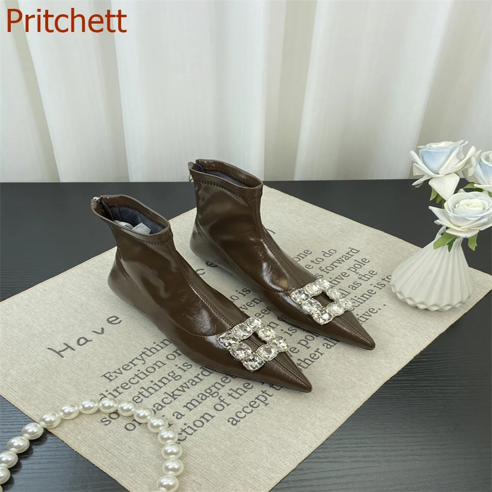 

Pointed Toe Zipper Women Boots Short Boots Ankle Square Diamond Blingbling Solid Sexy Party Fashion Genuine Leather Women Shoes