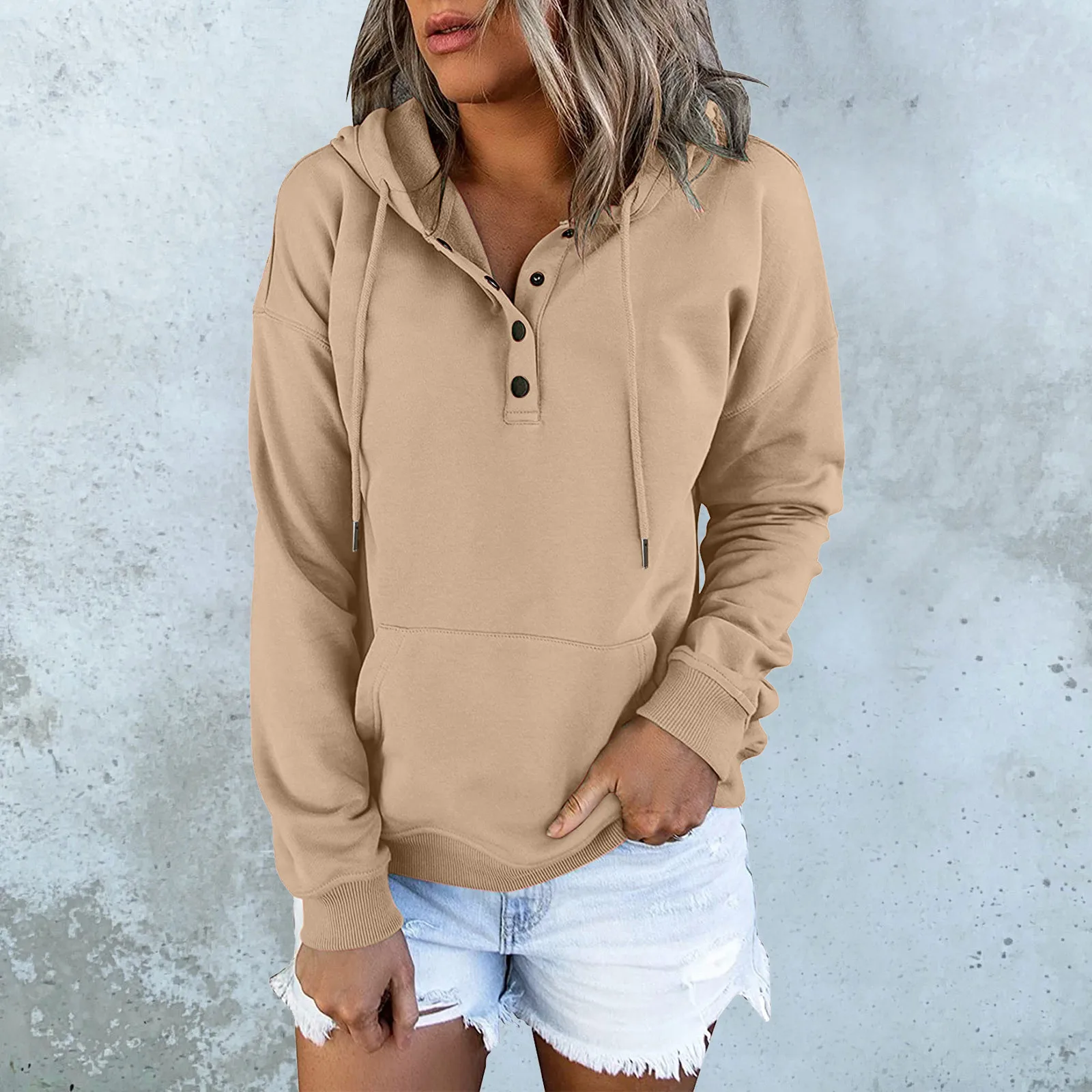 

Womens Daily Casual Hooded Sweatshirt Pocket Pullover Tops Long Sleeve Button Oversized Hoodies Women Autumn Winter Clothes
