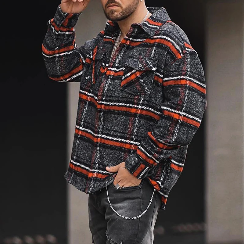 

2022 Autumn Streetwear Coats Men Fashion Plaid Print Long Sleeve Buttoned Turn-down Collar Jackets Casual Mens Clothes Outerwear