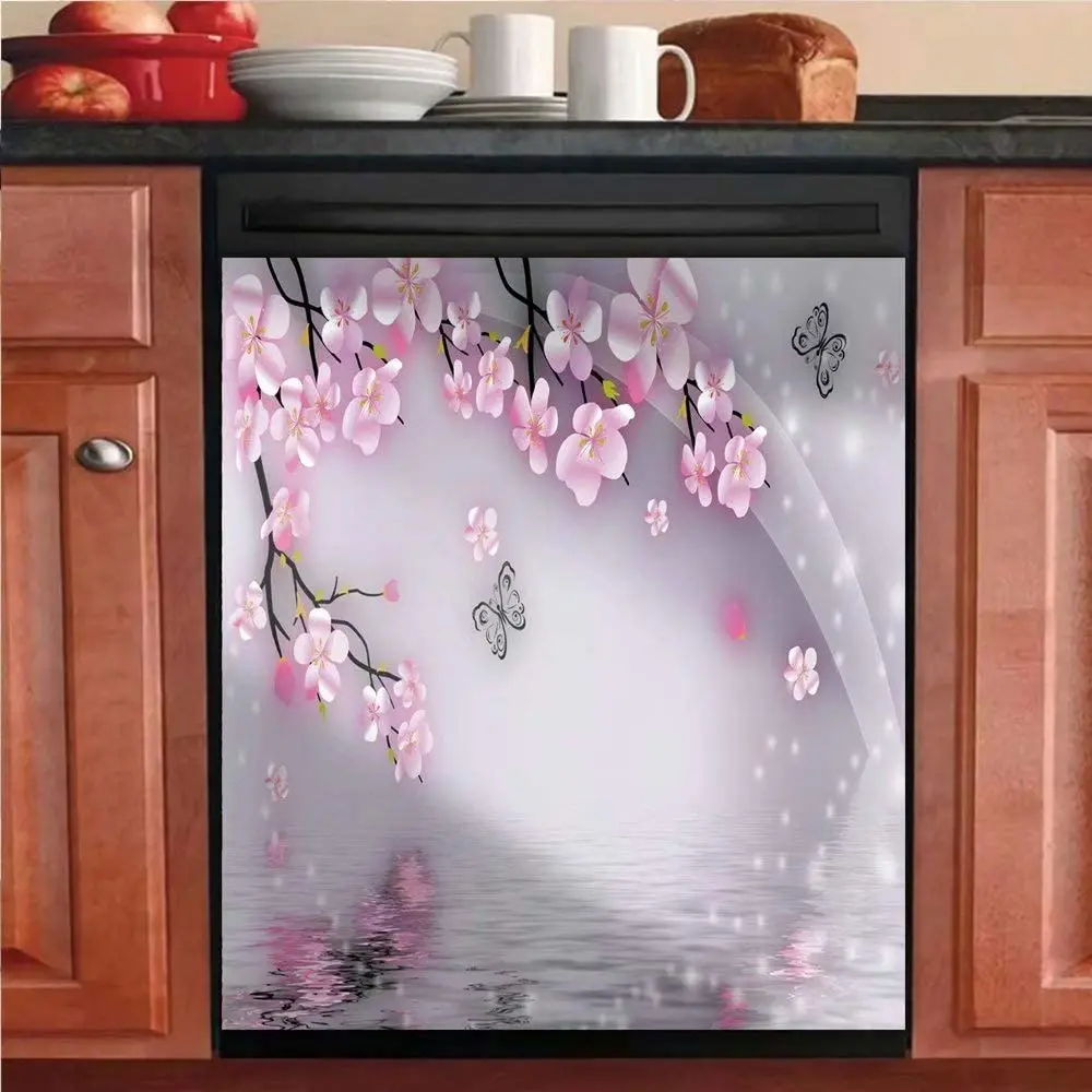 

Beautiful Animal Butterflies and Cherry Flowers Clear Dishwasher Door Cover Vinyl Magnetic Bright Color Panel Decal Kitchen Deco