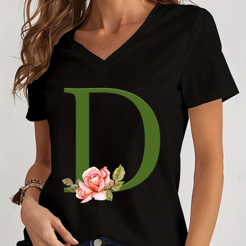 Женская футболка с V-образным вырезом Винтажная буквами Сакуры и графическим