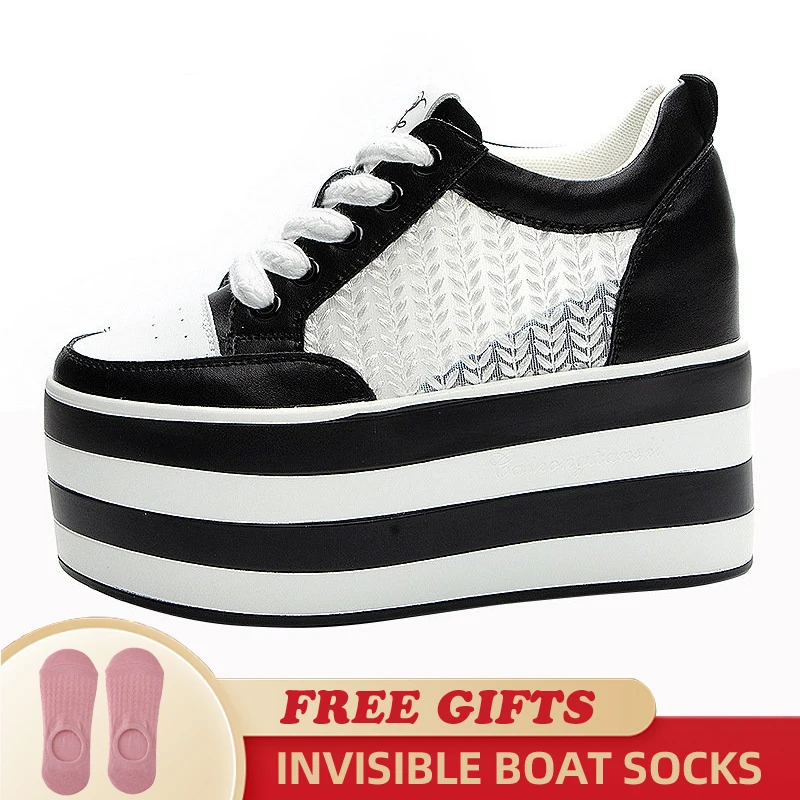Genuine Leather 12cm Air Mesh Chunky Sneakers Wedge Platform Lace Breathable Heels Hollow Shoes Vulcanized Summer Women Shoes