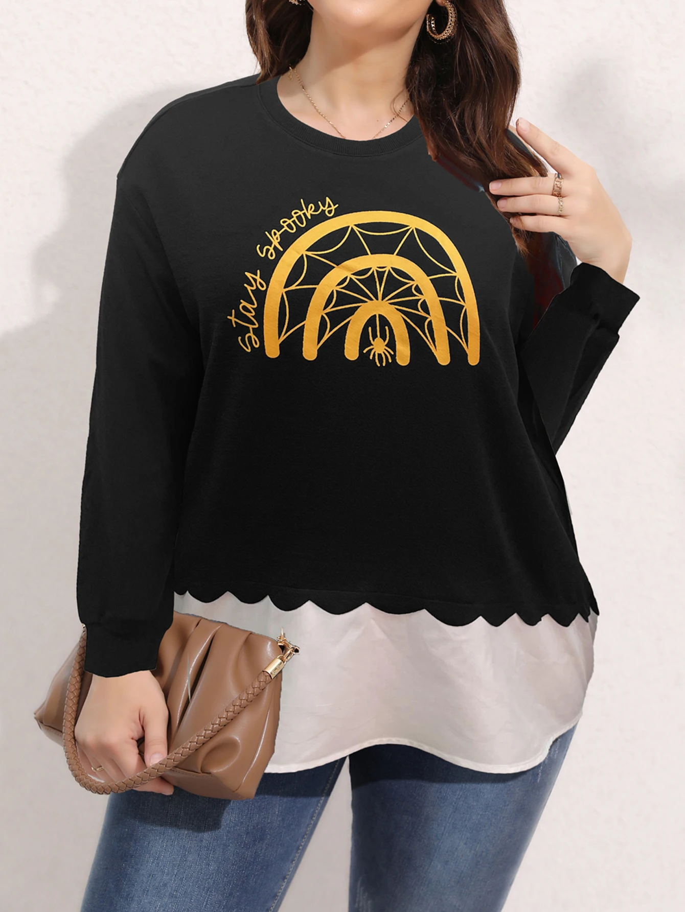 

Finjani Plus Size T-shirts Color Block Women's Tee Cartoon Spider Print Women Long Sleeves Fashion Ladies Tops