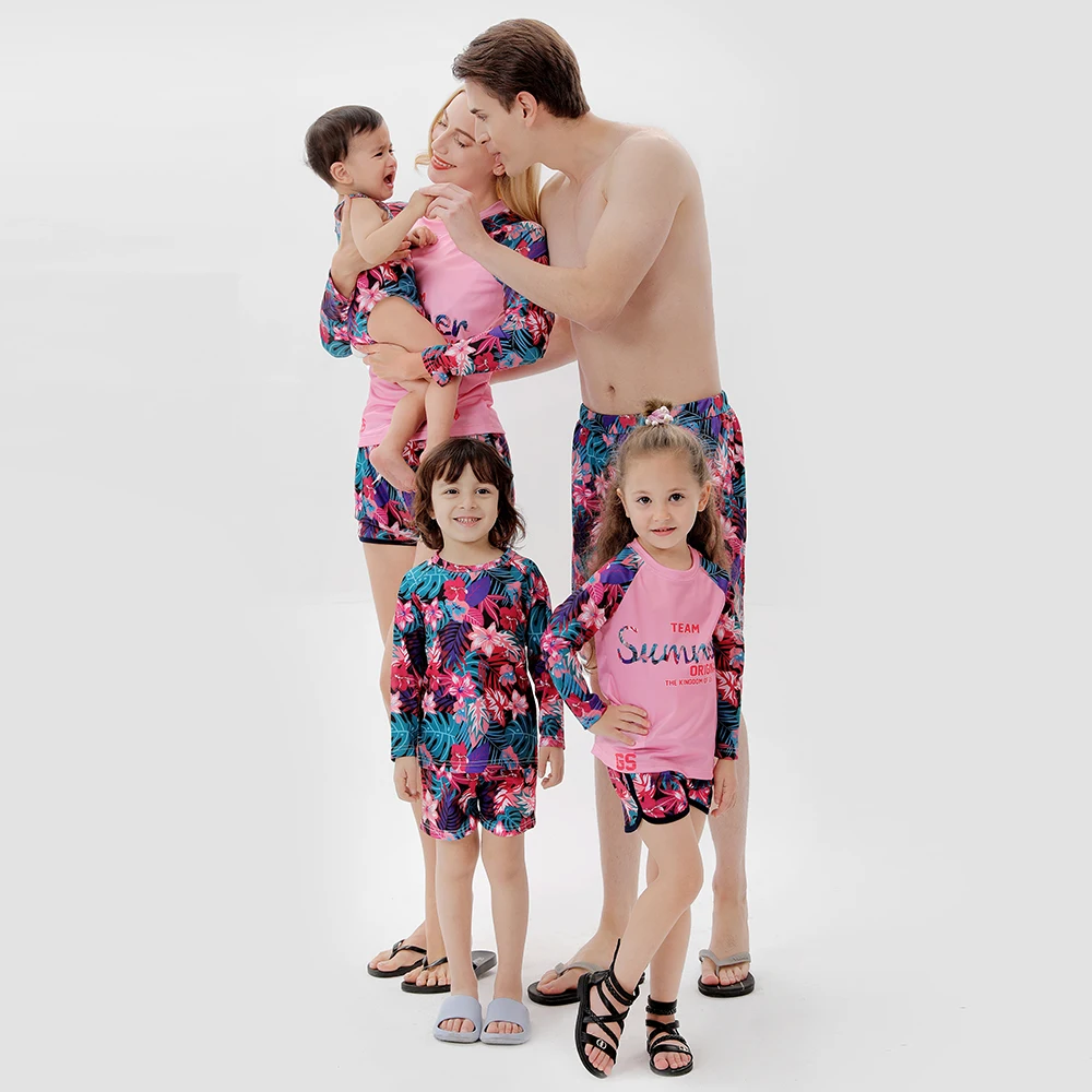 

Family Swimsuits Long Sleeve Mother Daughter Matching Swimwear Flower Mom Baby Mommy and Me Clothes Father Son Swimming Shorts