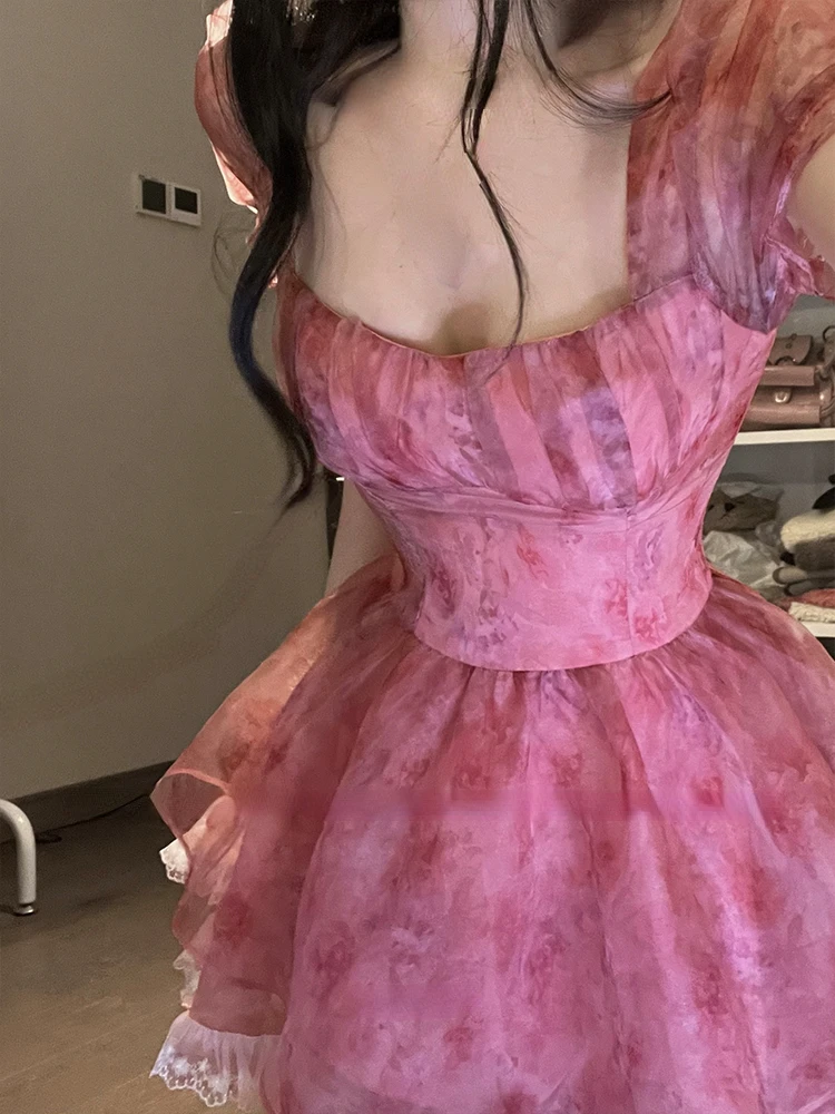 

Женское короткое Кружевное платье, повседневное элегантное праздничное пляжное платье Лолита с коротким рукавом и цветочным принтом во фр...