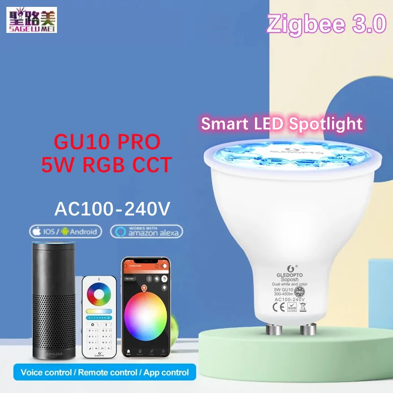 

Светодиодный прожектор Zigbee 3,0 Smart GU10 Pro, 5 Вт, RGB, цветовая температура 2200-6500K, работает с приложением Tuya, Amazon Voice, 2,4G, Радиочастотный пульт дистан...