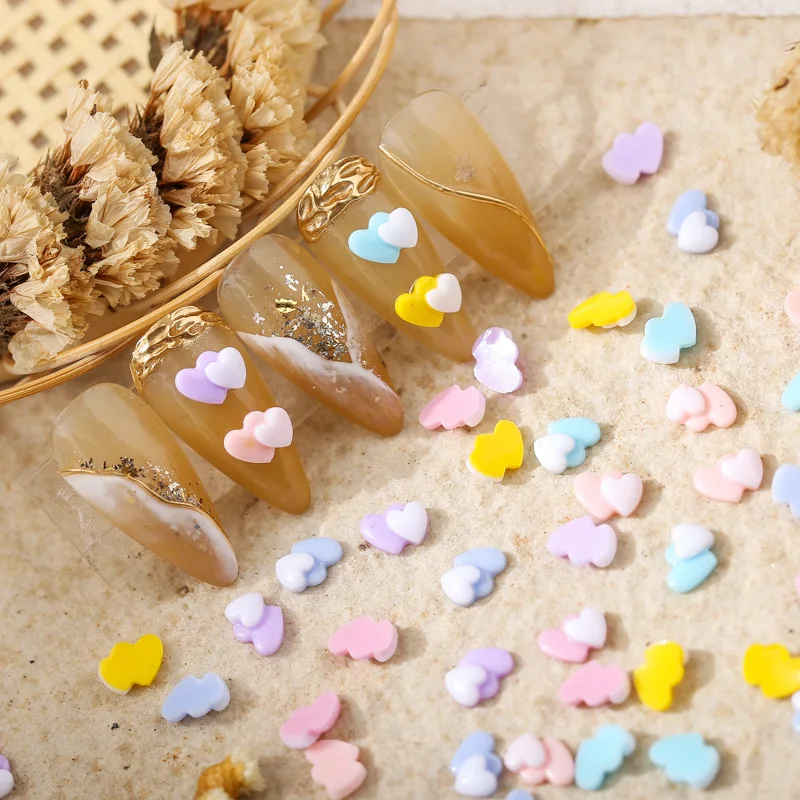 

50pcs Summer manicure smooth ceramic small double heart solid color flat peach heart double love lovely mixed resin nails stick