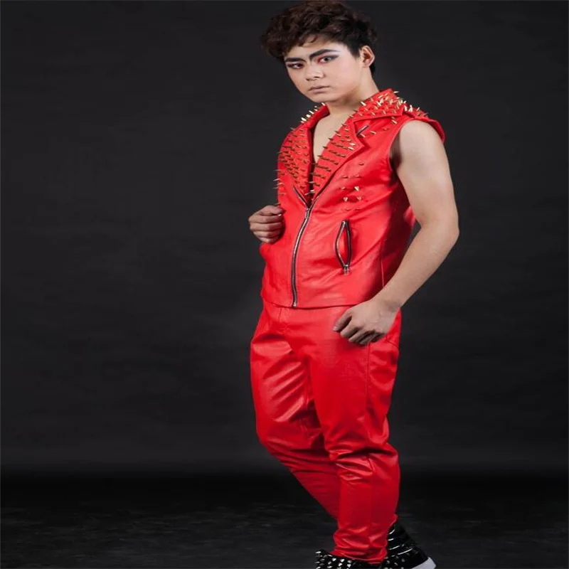 Stage personality high quality men leather pants motorcycle pant men feet trousers singer dance rock fashion pantalon homme red