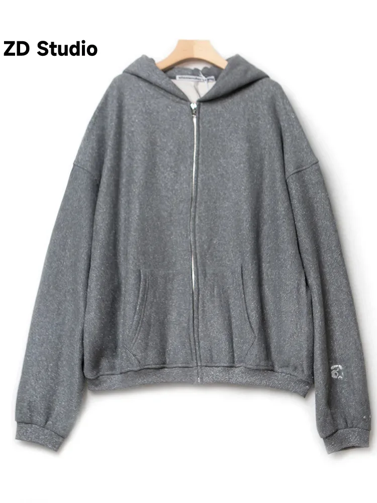 

[ZD Studio] 2023 Autumn Winter New Flash Powder Zipper Plus Fleece Loose Cardigan Hoodie Bright Flash Crystal Hooded Coat Women