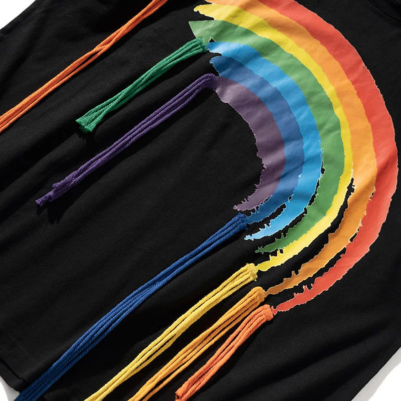 

Tassel Printing Rainbow Paint Men's T-shirt Fashion Vintage High Street Design 2023 Round Neck Short Sleeve Male Tops