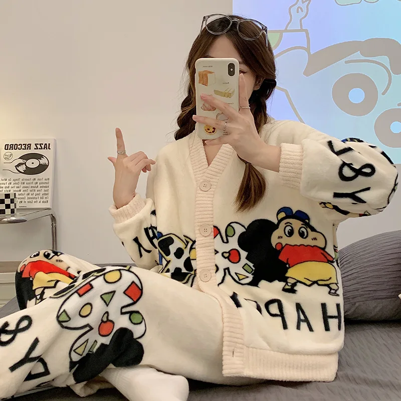 2pcs Women Sweet Cartoon Flannel Cardigan Pajamas Set Winter Warm Nightwear Female Sleepwear Suit Fleece Fashion Loungewear