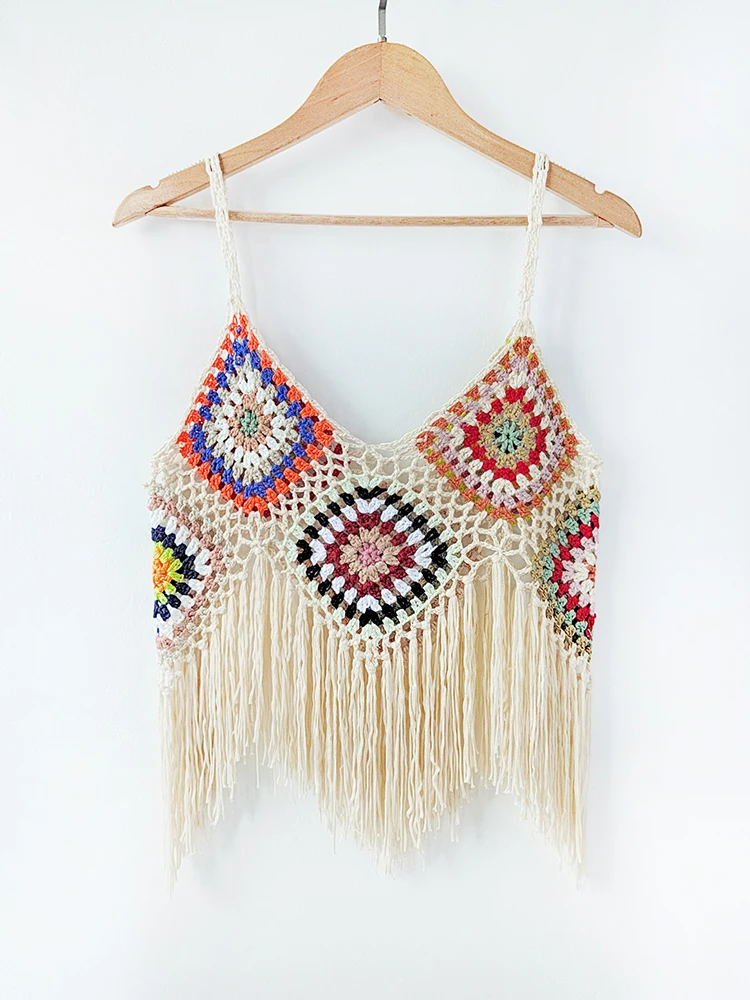 

Fitshinling Boho Summer Crop Top Women Clothes Patchwork Handmade Crochet Spaghetti Strap Tops Vintage Sexy Slim Fringe Camisole