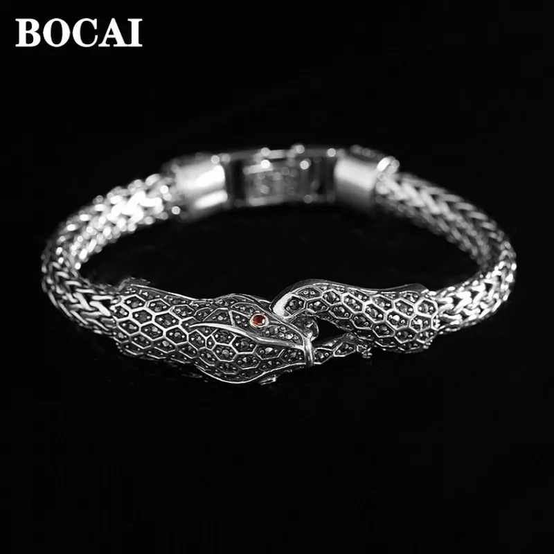 

BOCAI New Thai Jewelry Accessories S925 Silver Vintage Distressed Marseille Stone Snake Bracelet For Women Free Shipping