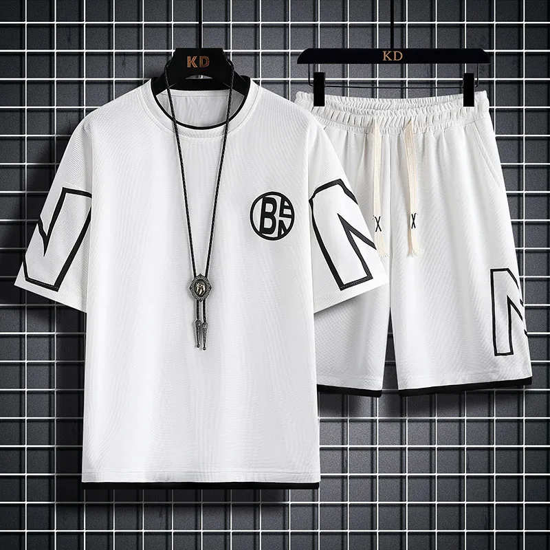 Waffle Short-Sleeved T-shirt Men's Ice Silk Suit 2023 Summer New Korean Style Trendy Shorts Heavy Two-Piece Set