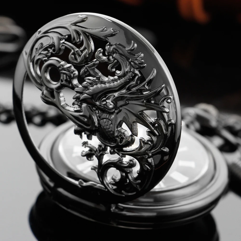 Black Dragon Exquisite Sculpture Clock Steampunk Skeleton Mechanical Pocket Watch Fob Chain Clock Men and Women Gift