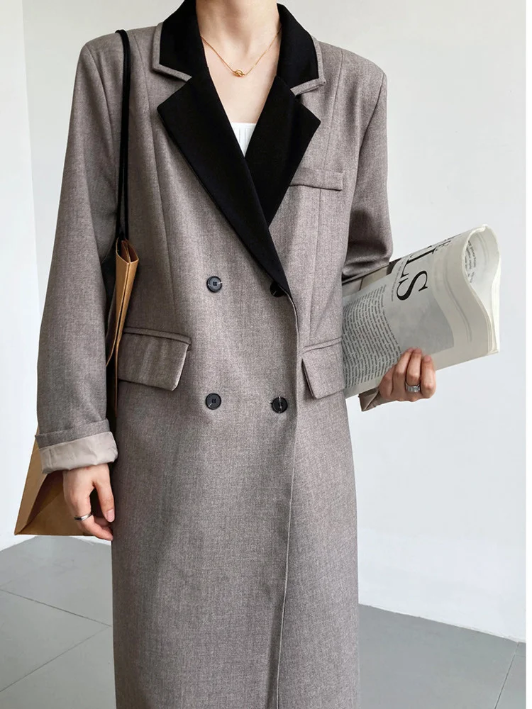Long Sleeve High Quality Ladies Long Coat Women's Suits Contrasting Colors Single Breasted Loose Overcoats 2022 Autumn new H560