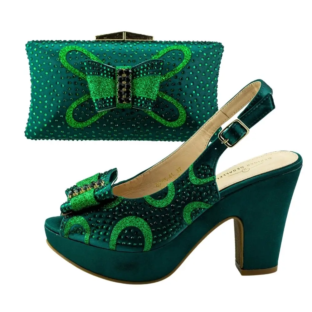 Green Women Shoe with Matching Purse Platform Shoes and Bags Set Sparkly Bling Bling Rhinestone Wedding Pumps and Clutch Purse