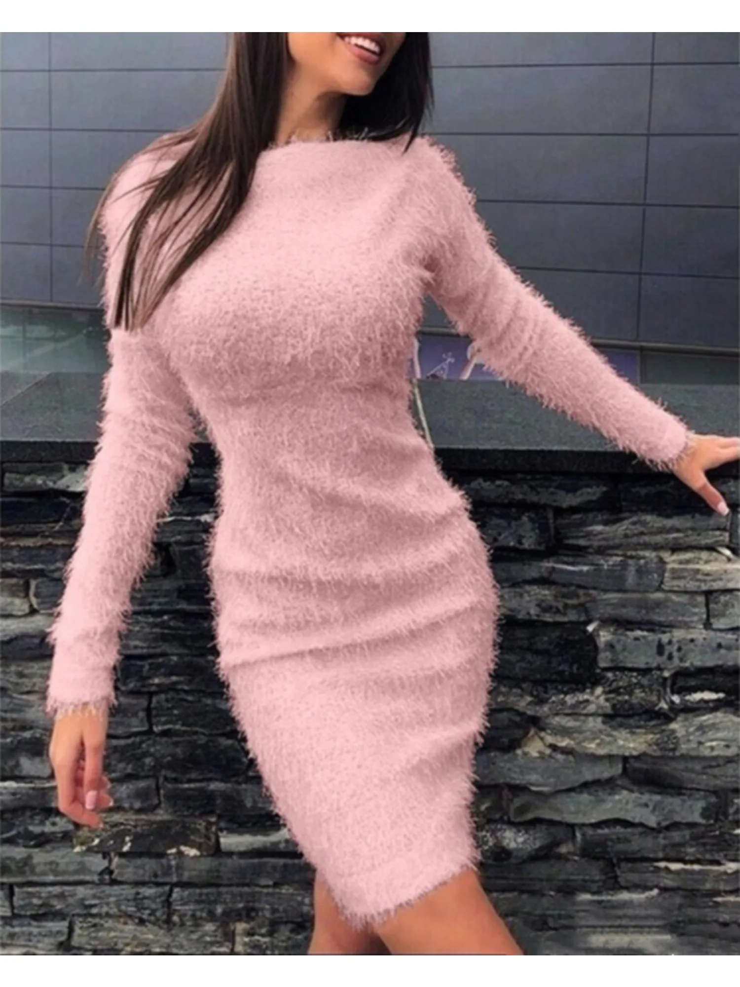 

Autumn Sexy Velvet Women's Dress Pink Long Sleeve Skinny O-neck Bandage Midi Winter Dresses Female Warm Fashion Elegant Clothes
