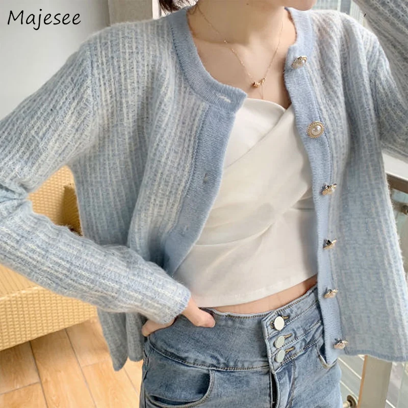 

Blue Cardigan Women Tender Sweet Korean Style Laziness All-match Spring Ins Preppy Hot Temperament Outerwear Soft Fashion Simple