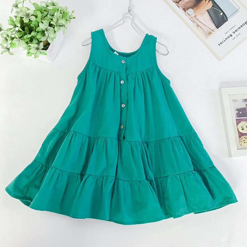 

Зеленое Хлопковое платье принцессы для девочек, летнее женское платье, детское пляжное платье без рукавов с круглым вырезом, модная одежда