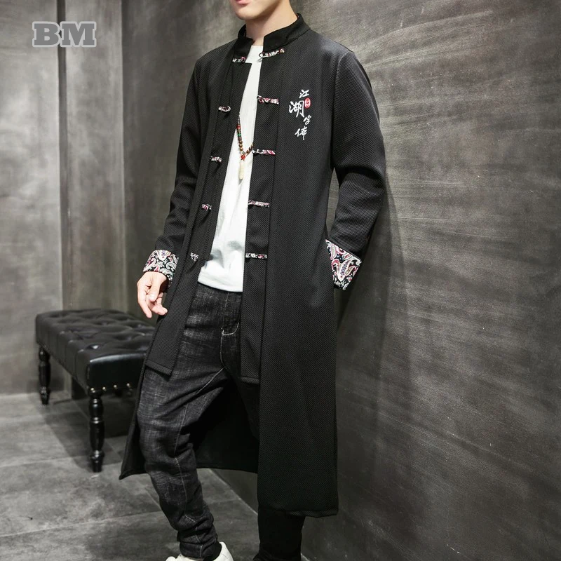 

Chinese Traditional Dress Text Embroidery Plus Size Kung Fu Uniform Casual Stand Collar Long Coat Harajuku Trench Coat Men
