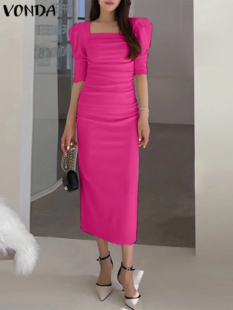 

VONDA Elegant Casual Sundress Satin Midi Dress 2023 Women Summer Fashion Solid Sexy Square Sleeve Pleated Half Sleeve Party Robe