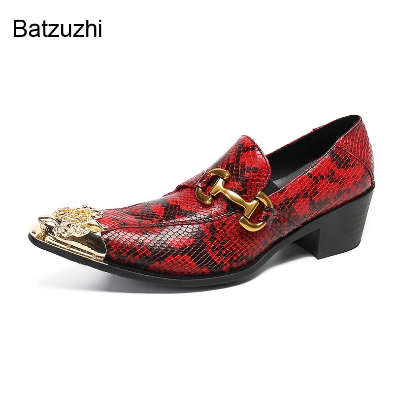 

Batzuzhi High Heels 6cm Shoes Men Golden Iron Toe Leather Dress Men Shoes Slip On Red Wedding Shoes Party and Business Footwear