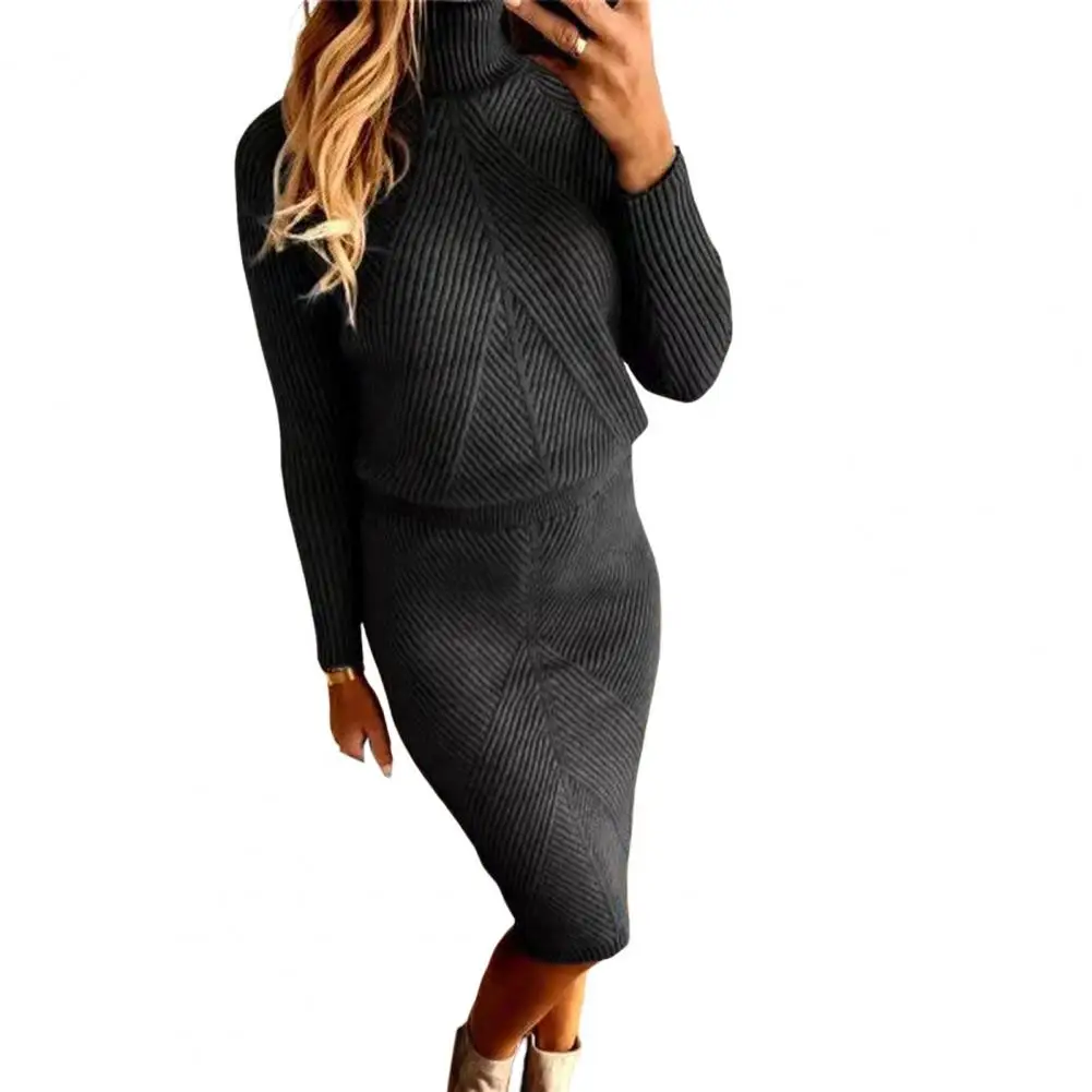 

Chic Pencil Skirt Two Piece Set Long Sleeves High Waist Elastic Lady Sweater Skirt Suit Sweater Skirt Set Keep Warm