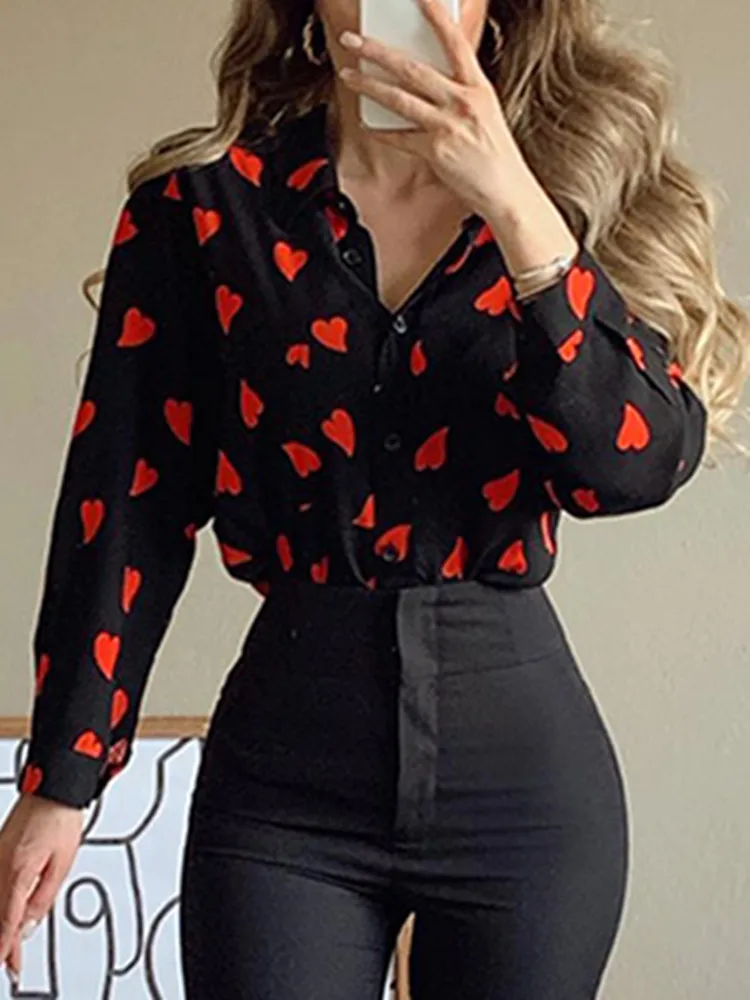 

Модная женская рубашка, блузки с длинным рукавом и принтом в виде сердца, офисные женские топы, Летние повседневные женские рубашки, модные ...
