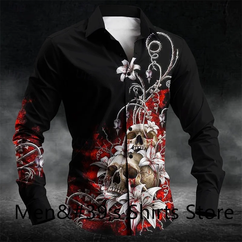 Рубашка мужская с длинным рукавом блуза цветочным принтом черепа на пуговицах