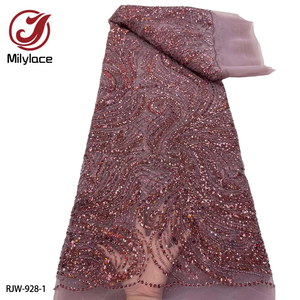 

Luxury African Net Lace Frabric High Quality French Tulle Lace Sequins Beaded Embroidered Lace Fabric for Wedding Dress RJW-928