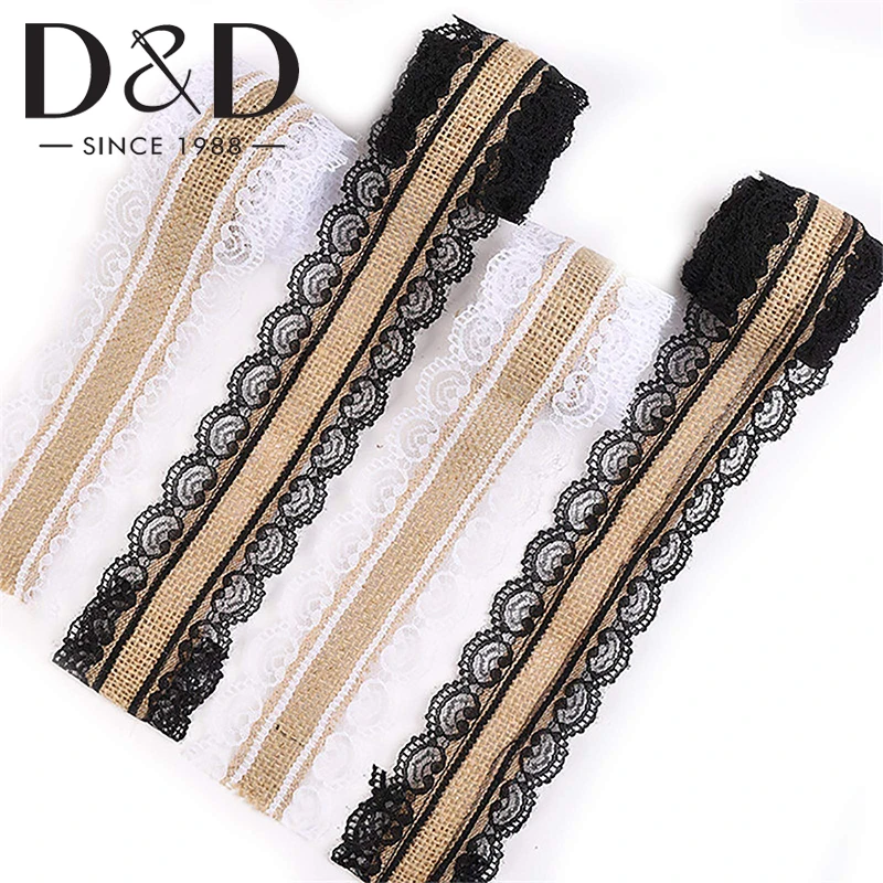 

2M/Roll Burlap Lace Ribbons Natural Jute Burlap Black Lace Ribbon DIY Handmade Wedding Party Crafts Decor
