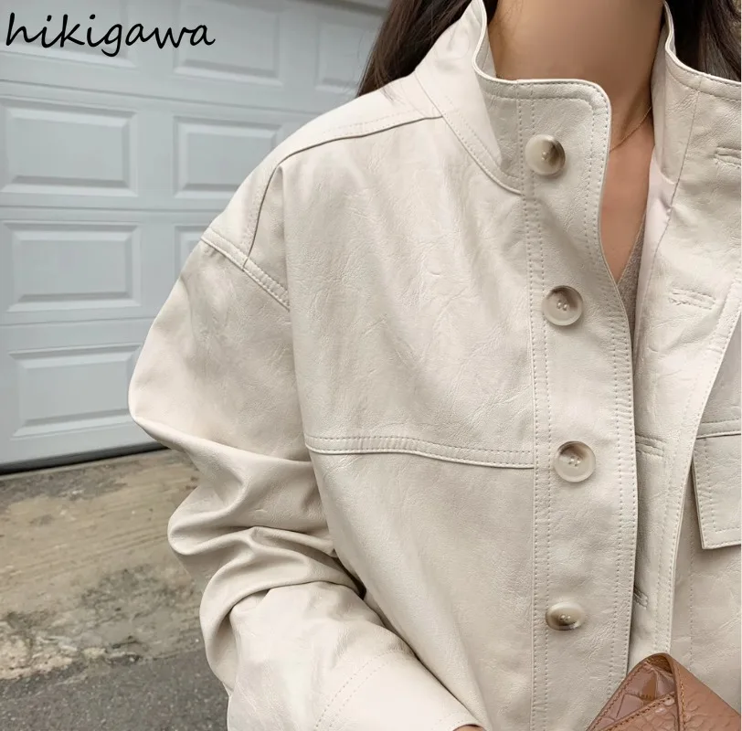Уличная одежда с воротником-стойкой простые кожаные куртки женская однобортная