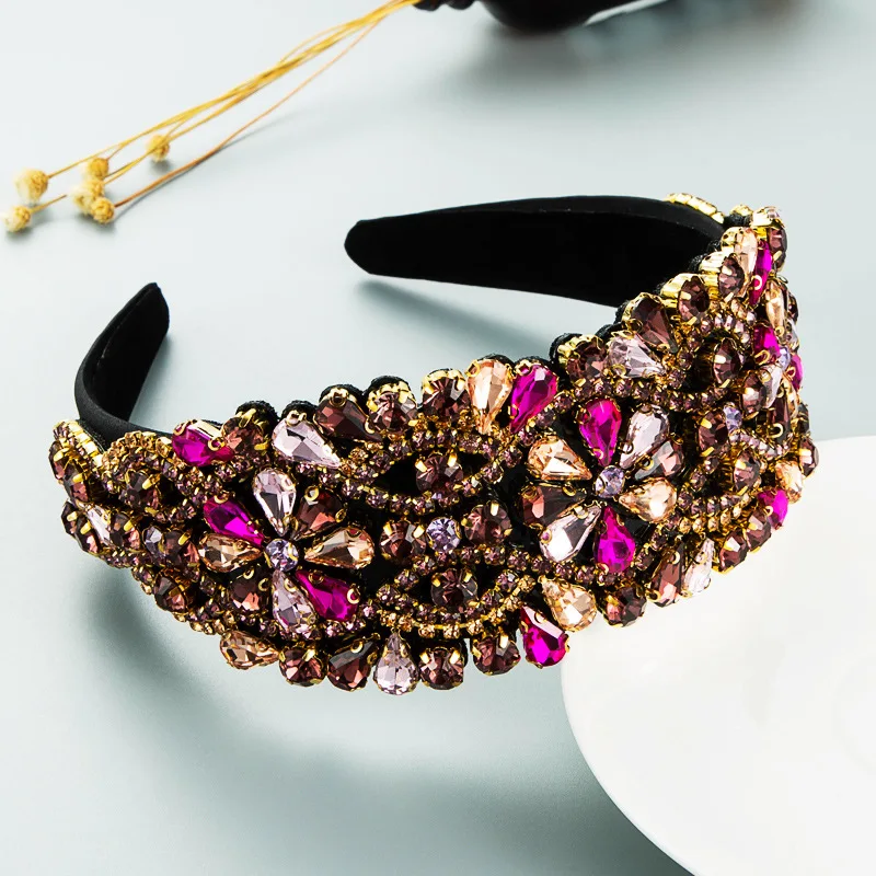 

Luxury Baroque Sparkly Full Rhinestones Headbands For Women Crystal Wide Edge Hairbands Color Diamond Headwear Hair Accessories