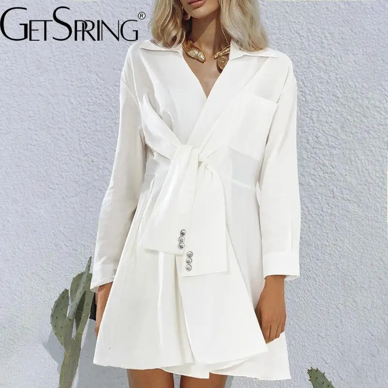 

GetSpring женское платье темпераментное элегантное белое платье-рубашка бандажные мини-платья а-силуэта с длинным рукавом Осень 2022 новое посту...