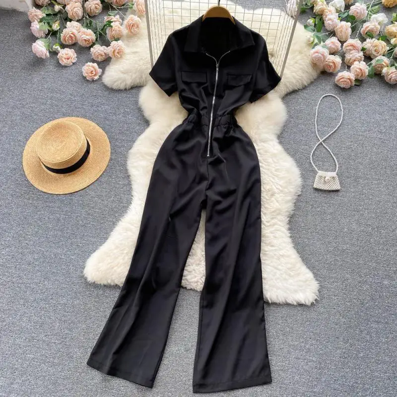 Женский комбинезон-поло на молнии элегантный однотонный повседневный