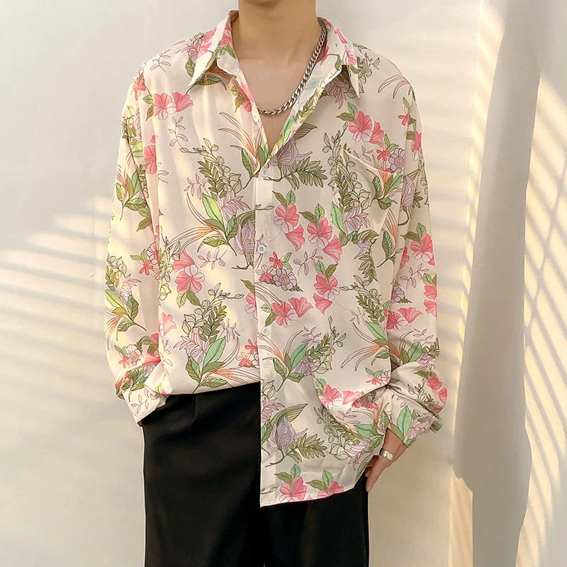 Spring/summer Long Sleeve Shirts Men Fashion Society Mens Dress Shirts Korean Loose Casual Print Shirts Mens Flower Shirts M-3XL