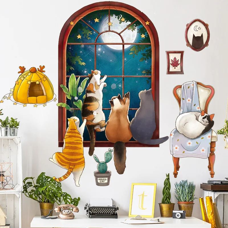 

Large Wall Stickers Cartoon Cat Night Sky for Kids Room Home Decoration PVC Wall Decals Poster Self-Adhesive Wallpaper Mural